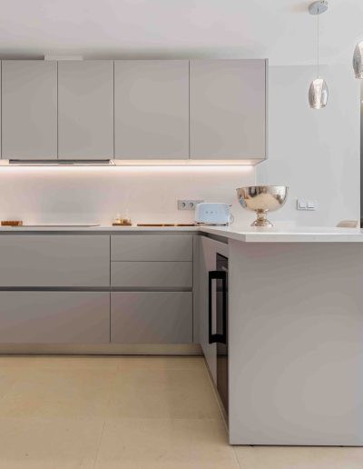 After: sleek grey kitchen cabinets